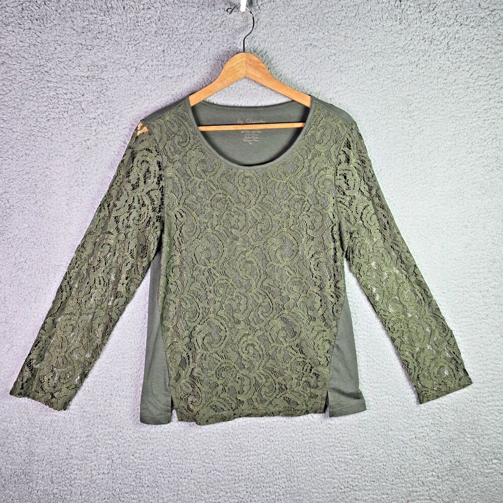 Chicos Olive Green Lace Overlay Knit Top Size 1 Floral Scoop Neck Long Sleeve